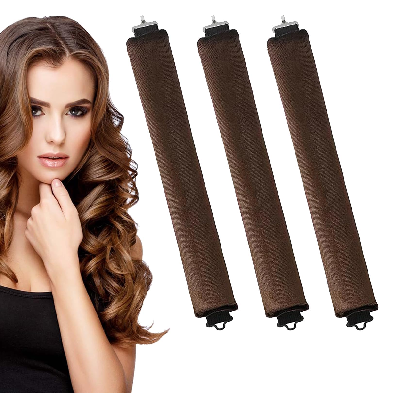 3 Pcs Heatless Curlers,HeatlessCurling Rod for All Hair Types,Heatless Curling Rods Hair Rollers,Sleep In HeatlessCurlers,No Heat Curler Roller for Big Waves, Soft Velvet Thick Flexi Rods (Brown)