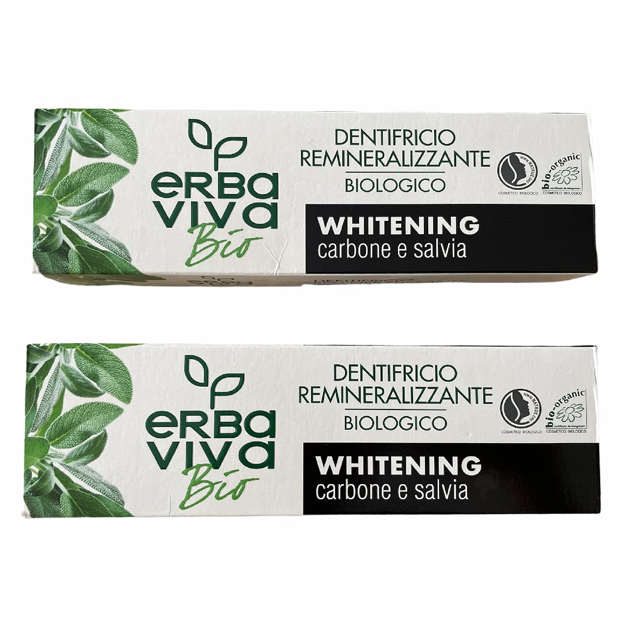 Pack of 2 Erba Viva BIO Organic Toothpaste with Charcoal and sage 75 ml + 75 ml