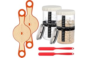 ANPHSIN Sourdough Bread Starter Jar Kit - 2 pcs 34oz Glass Containers with Lids for Sourdough, 2 Baking Mats, Feeding Band, Thermometer Sticker, Bread Baking Tool Supplies for Homemade Baker Beginner Gift
