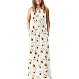 Hount Women's Sleeveless Striped Maxi Dress – Flowy Summer Dress With Pockets – Blue Flower Mix, Size Small