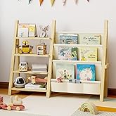 Oenalw Toy Storage Organizer with Kids Bookshelf, Montessori Wooden Toy Organizer Book Shelf for Kids Rooms, Nursery, Playroom, Child, Baby, Toddler Bookcase, Toys Rack Fabric Sling Book Shelves