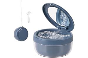 HEMILAB Denture Case, Leak Proof Denture Bath Cup, Denture Soaking Container Cups for Dentures, Retainers, Mouth Guard Storage Case, Full & Partial Denture Cleaning Holder Box with Strainer, Blue