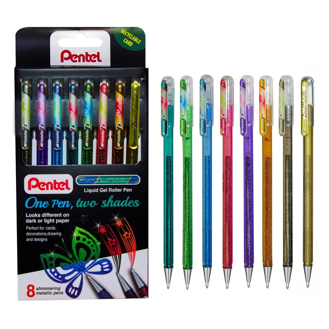 Pentel K110 Hybrid DualMetallic Gel Roller Pens, Fantasy Colours with 2 Glitters (Pack of 8)