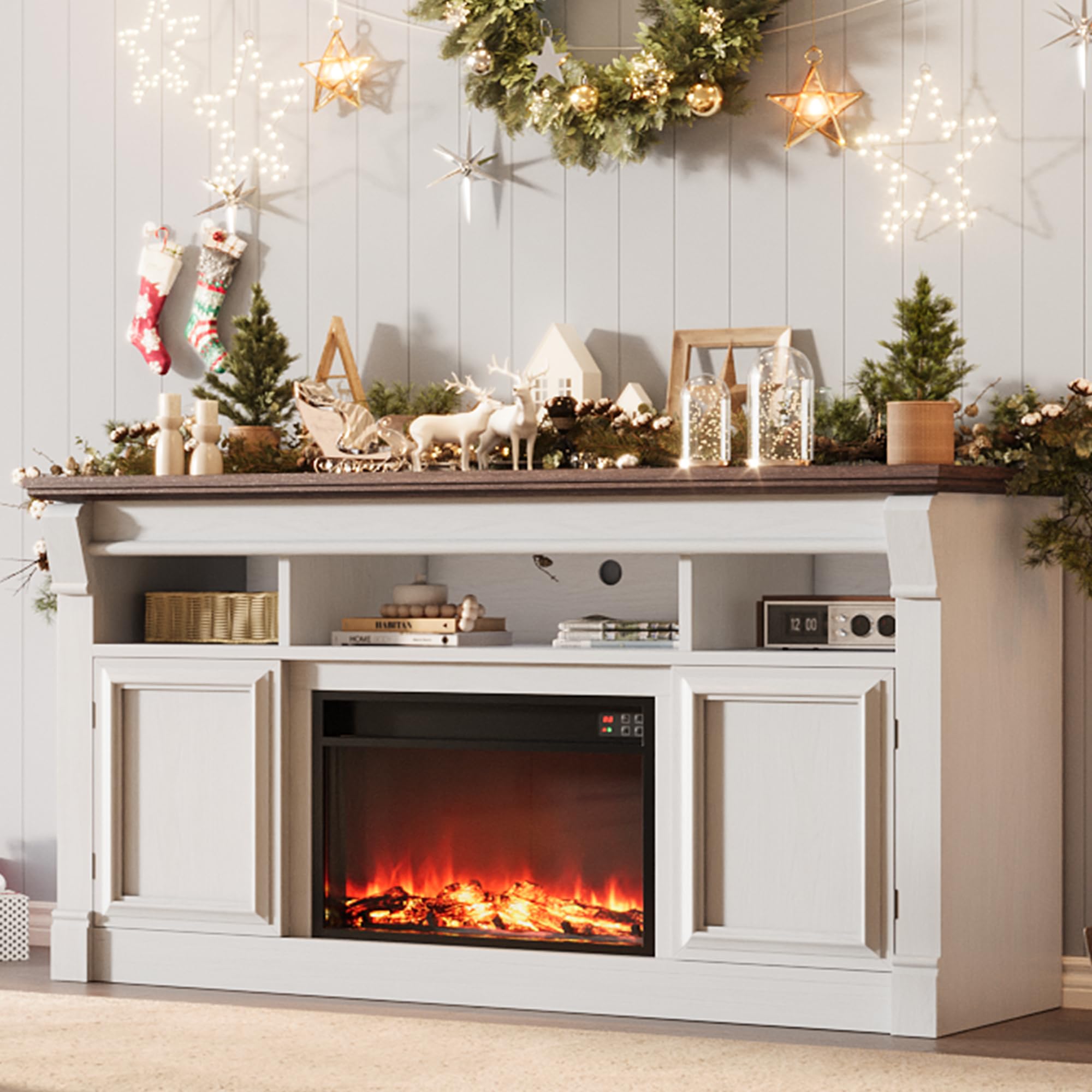 View 1 of **FIREPLACE ONLY***Garvee 58" Farmhouse Fireplace TV Stand, Entertainment Center with Open Storage Cabinets for TVs Up to 75", Media Console for Living Room,White