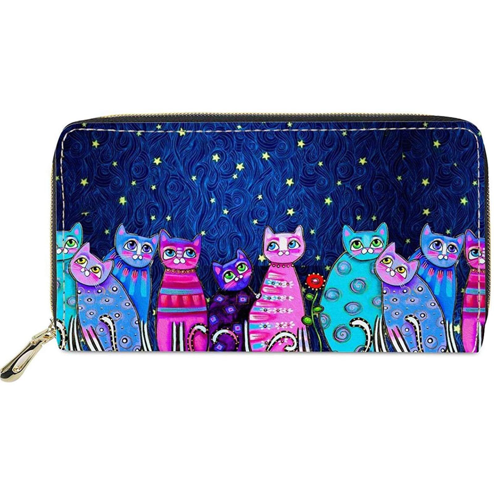 Pizding Womens Wallet Black Leather Purse with Coin Pocket Wallets Travel Causal Money Clips Handbag Banquest Clutch Bag Cartoon Cat Print