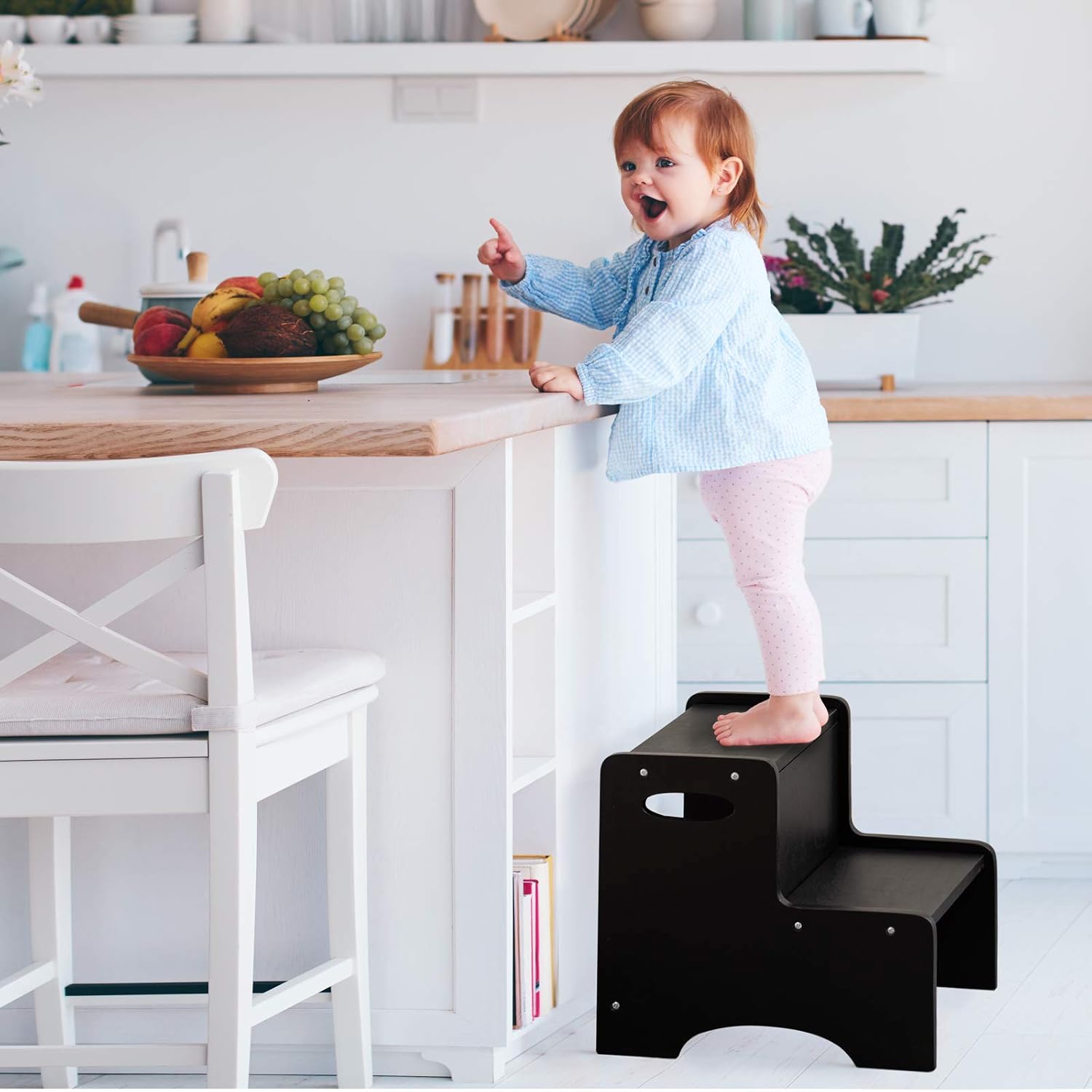 WOOD CITY Step Stool for Kids, Wooden Toddler Step Stool with Safety Non-Slip Mats and Handles, 2 Step Stool for Kitchen, Bathroom Sink & Potty Training - Black : Baby