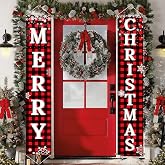 Ivenf Christmas Decorations Outdoor Yard Front Porch Sign Set, Red Black Buffalo Plaid Door Banner, Hanging Merry Christmas Decorations for Home, Indoor Outdoor Xmas Decor Wall Front Door Yard Garage