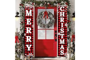 Ivenf Christmas Decorations Outdoor Yard Front Porch Sign Set, Red Black Buffalo Plaid Door Banner, Hanging Merry Christmas Decorations for Home, Indoor Outdoor Xmas Decor Wall Front Door Yard Garage