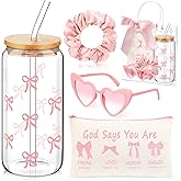 Maxdot Valentines Christian Pink Bow Gift Set, 16 oz Coquette Bow Glass Cup, Christian Makeup Bag, Pink Sunglasses, Scrunchie, Preppy Coquette Stuff with Gift Bag for Women Girls Bestie Party Favors