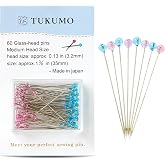 TUKUMO(つくも) Glass Head pins 1.38 inches 60PCS Sewing Pins for Fabric,Dressmaking Marking pins,for Sewing Crafts Made in Japan,Translucent Light Blue Translucent Pink(Medium Ball)