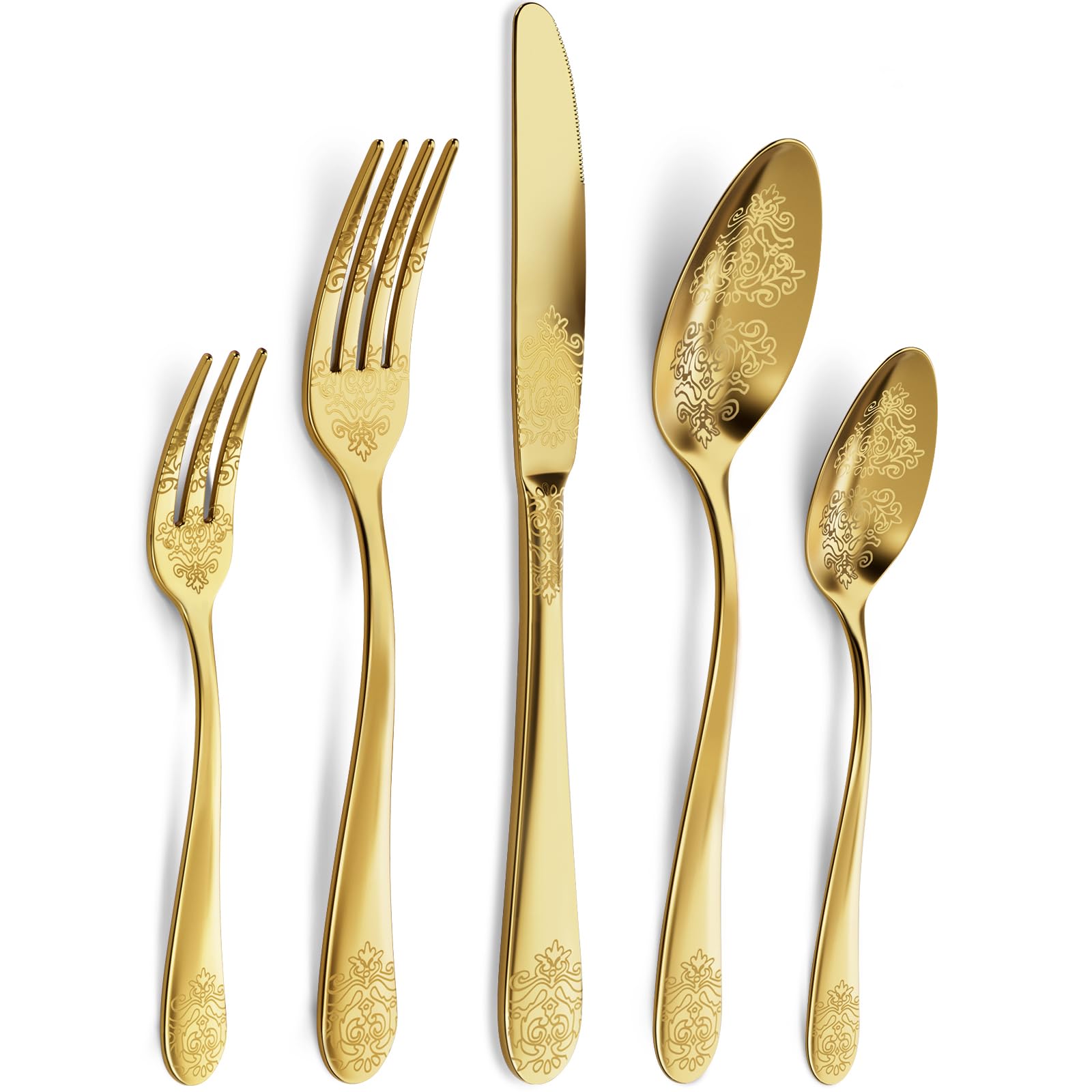 Photo 1 of 20-Piece Stainless Steel Silverware Set, Elegant Floral Engraved Cutlery Flatware Set for 4, Golden Tableware Utensil Sets Durable Include Fork Spoon Knife with Mirror Polish