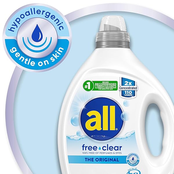 ALL FREE CLEAR, ORIGINAL, LIQUID LAUNDRY DETERGENT FOR SENSITIVE SKIN, UNSCENTED AND HYPOALLERGENIC, CONCENTRATED, 82.5OZ, 110 LOADS
