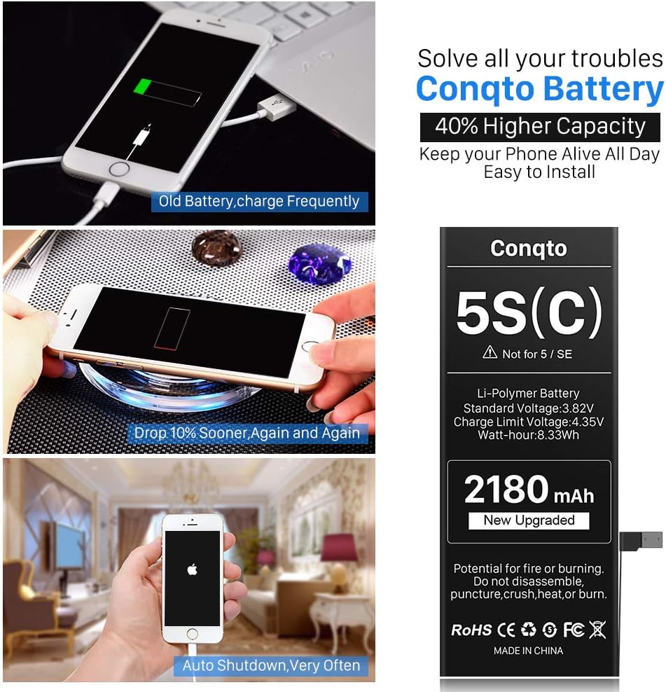 [2180mAh] Battery for iPhone 5S/ 5C (Not 5 or SE), High Capacity New Upgrade 0 Cycle Durable Li-Polymer Replacement Battery with Full Set Repair Tool Kit, Adhesive & Instructions: Home Audio & Theater