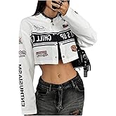 OYOANGLE Women's Letter Graphic Button Up Cropped Jackets Lightweight Y2K Motocycle Jacket Coat