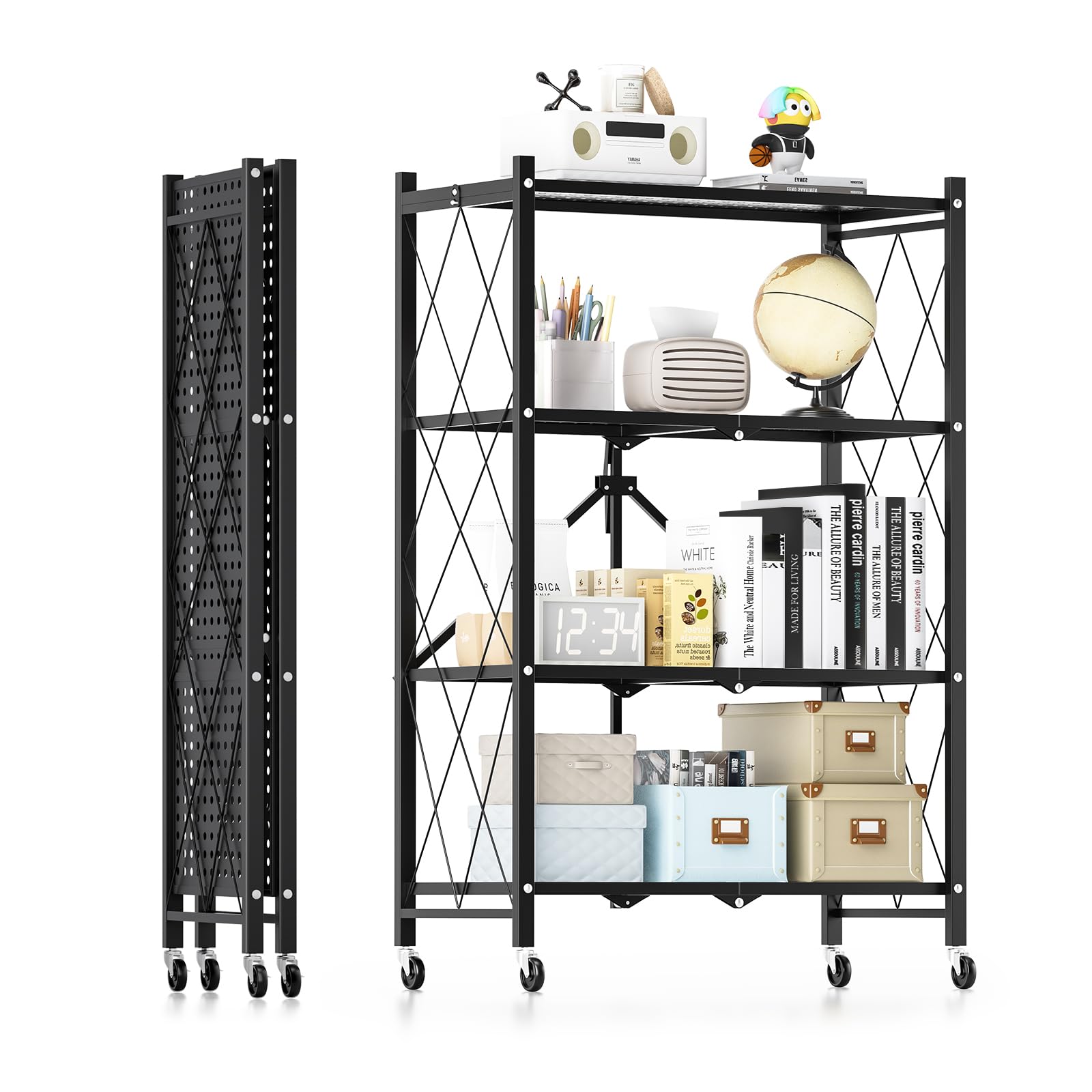 YSSOA Heavy Duty 4-Tier Foldable Metal Rack, 14.96″ D x 27.95″ W x 49.61″ H Storage Shelving Unit 1000 lbs with Wheels Moving Easily Organizer Shelves Great for Garage Kitchen, Black