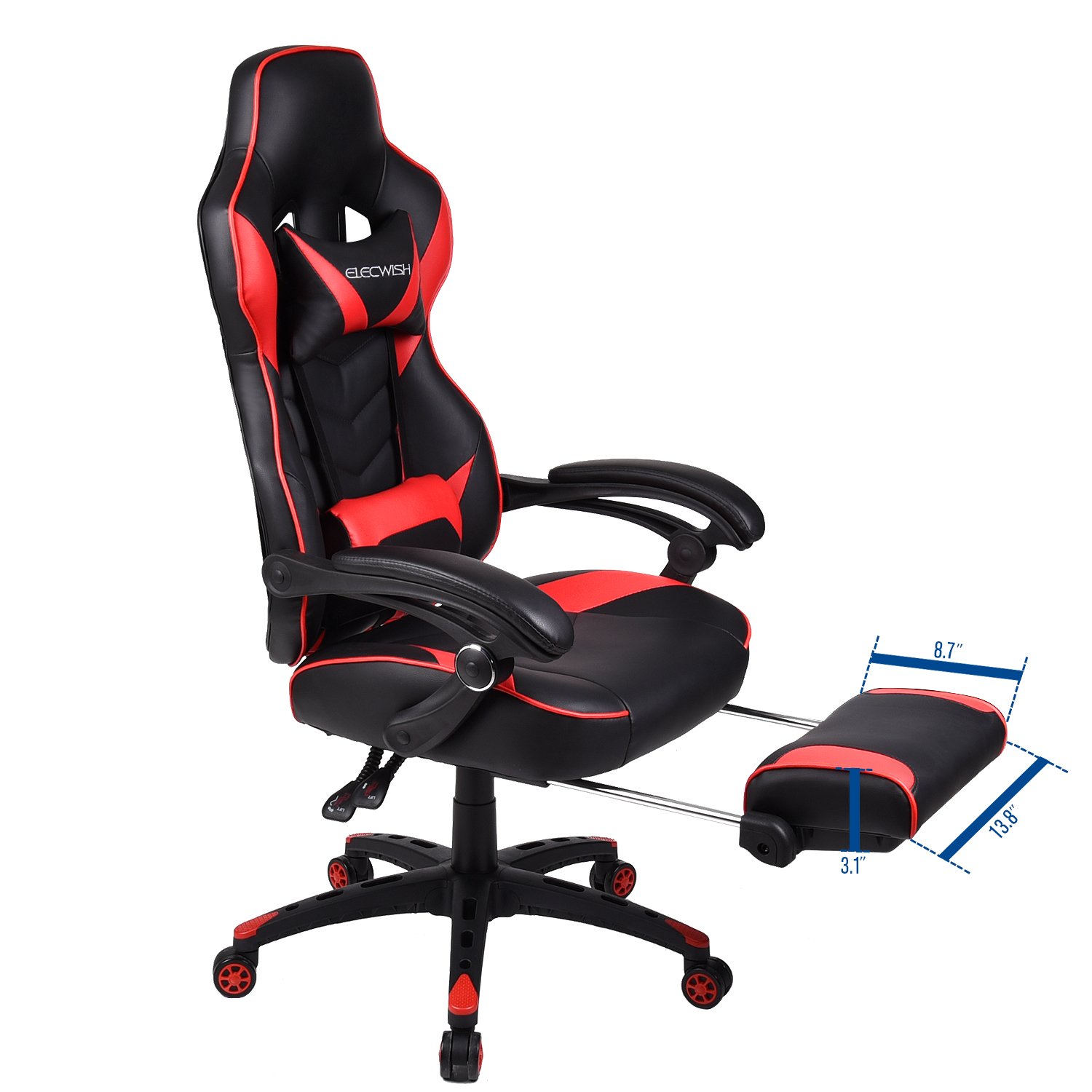 Video Gaming Chair Racing Office - PU Leather High Back Ergonomic 170 Degree Adjustable Swivel Executive Computer Desk Task Large Size With Footrest,Headrest and Lumbar Support (Red)
