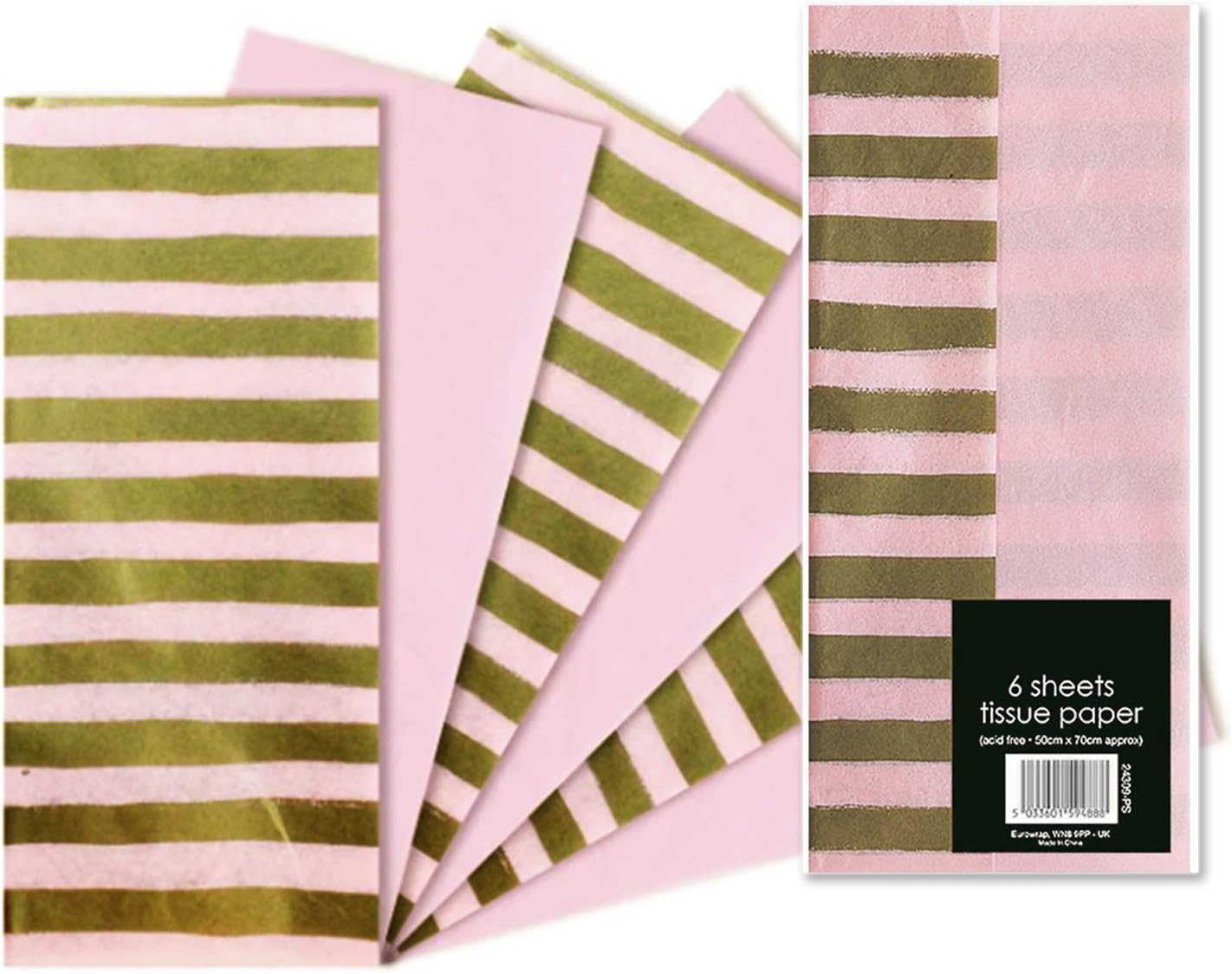 6 Sheets Decorative Tissue Paper Wrap 50x70cm ~ Acid Free (Pink Gold Stripe Mix)