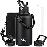 Konokyo Half Gallon Insulated Water Bottle with Straw,64 oz 3 Lids Water Jug with Carrying Bag,Paracord Handle,Double Wall Vacuum Stainless Steel Metal Flask,Black
