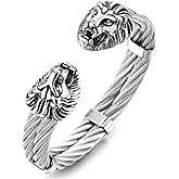 COOLSTEELANDBEYOND Men Stainless Steel Lion Heads Two-row Twisted Cable Cuff Bangle Bracelet, Adjustable