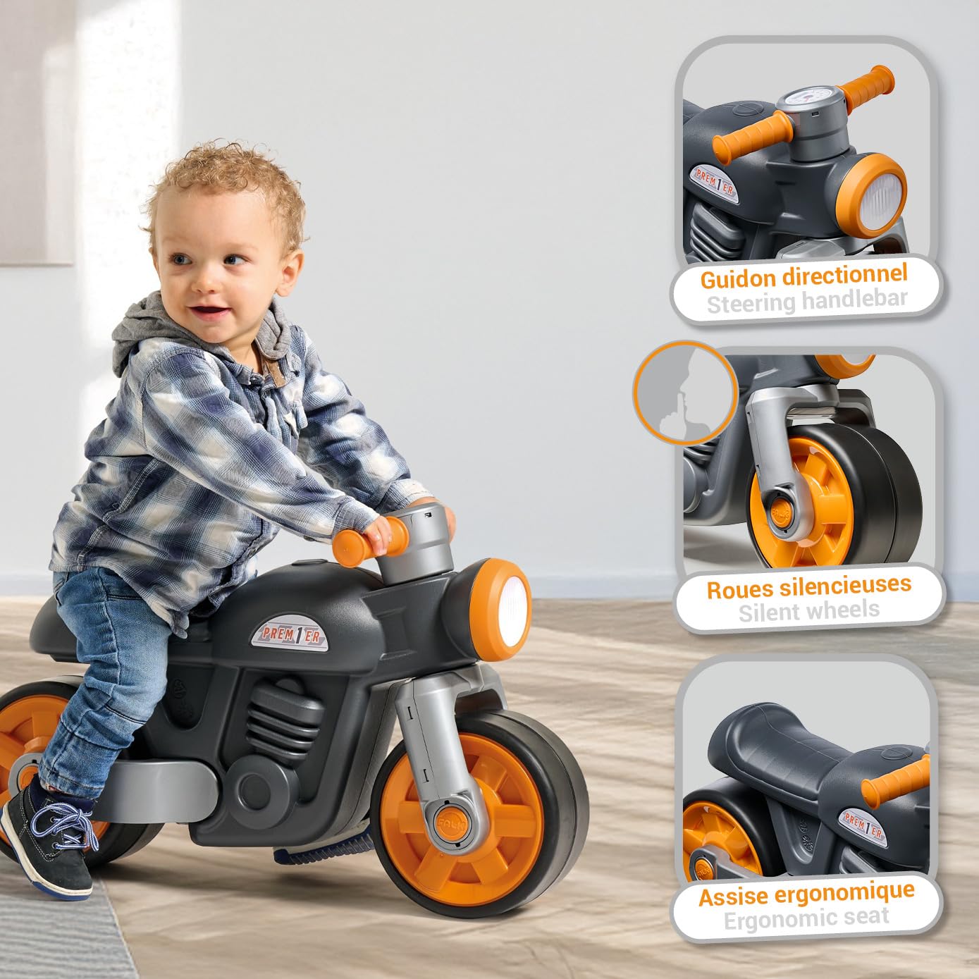 Falk Laufrad Motorrad ab 1 Jahr I Kinder Laufrad & Motorrad Spielzeug mit Hupe & leisen Rädern I Robustes Kinderfahrzeug aus recyceltem Kunststoff I Geschenk zum 1. Geburtstag I Grau 2