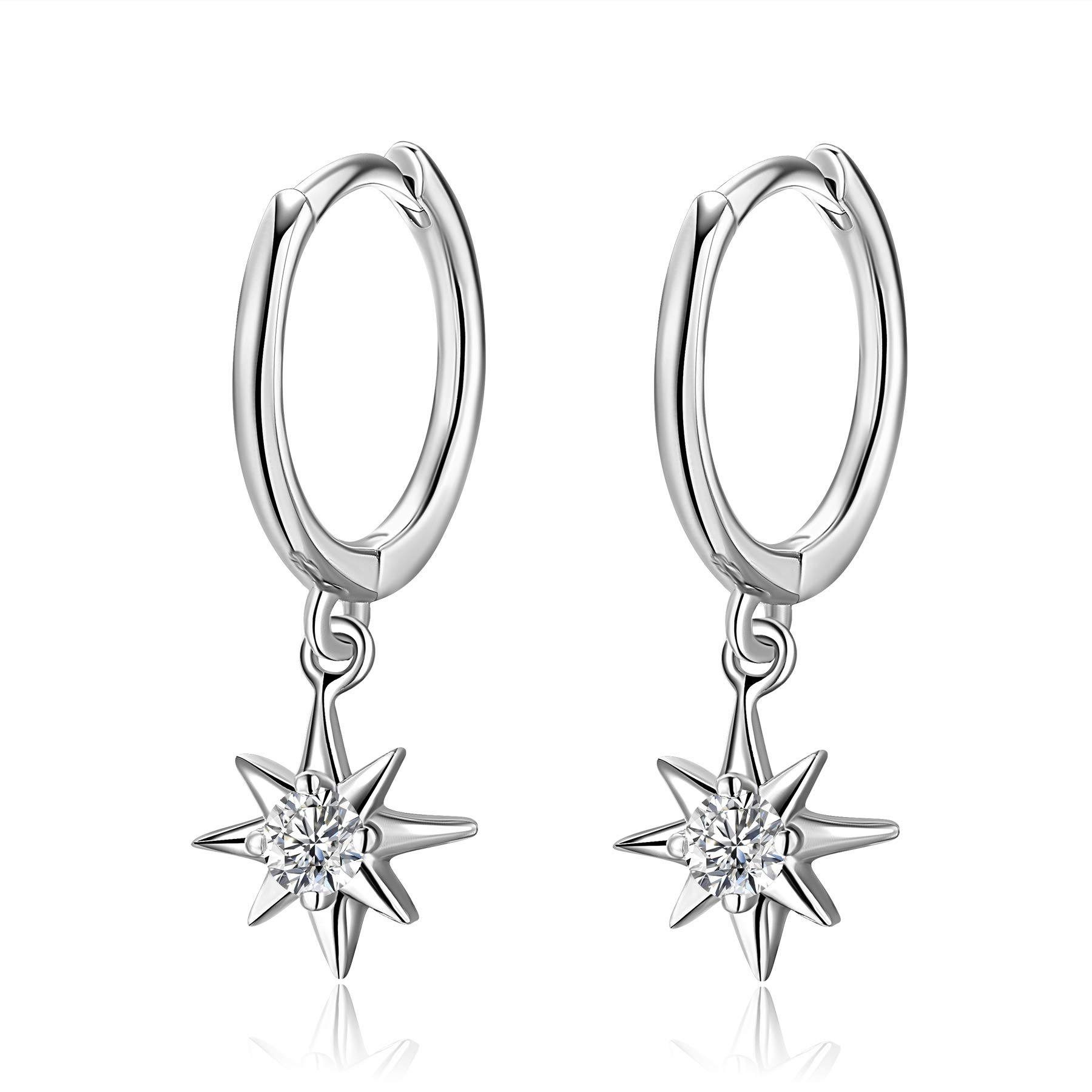 Tiny Cubic Zirconia Dangle Huggie Hoop Earrings Sterling Silver Hoop Earrings with Starburst Charms Cartilage Helix Hoop Hinged Sleeper Earrings