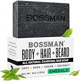 Bossman 4-in-1 Charcoal Soap Bar for Men (4 oz) - Emerald | All-Natural Moisturizing Beard Soap - Multi-Purpose Beard Wash, Shampoo, Body Wash &amp; Shaving Solution - Made in Texas
