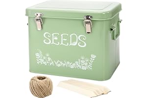 Covzoe Seed Storage Organizer, Metal Seed Saving Box with Garden String and 10 Wood Plant Labels, 3 Compartment Seed Container Bin with Lid and Safety Locks, Perfect for Flower Plants Garden Lover