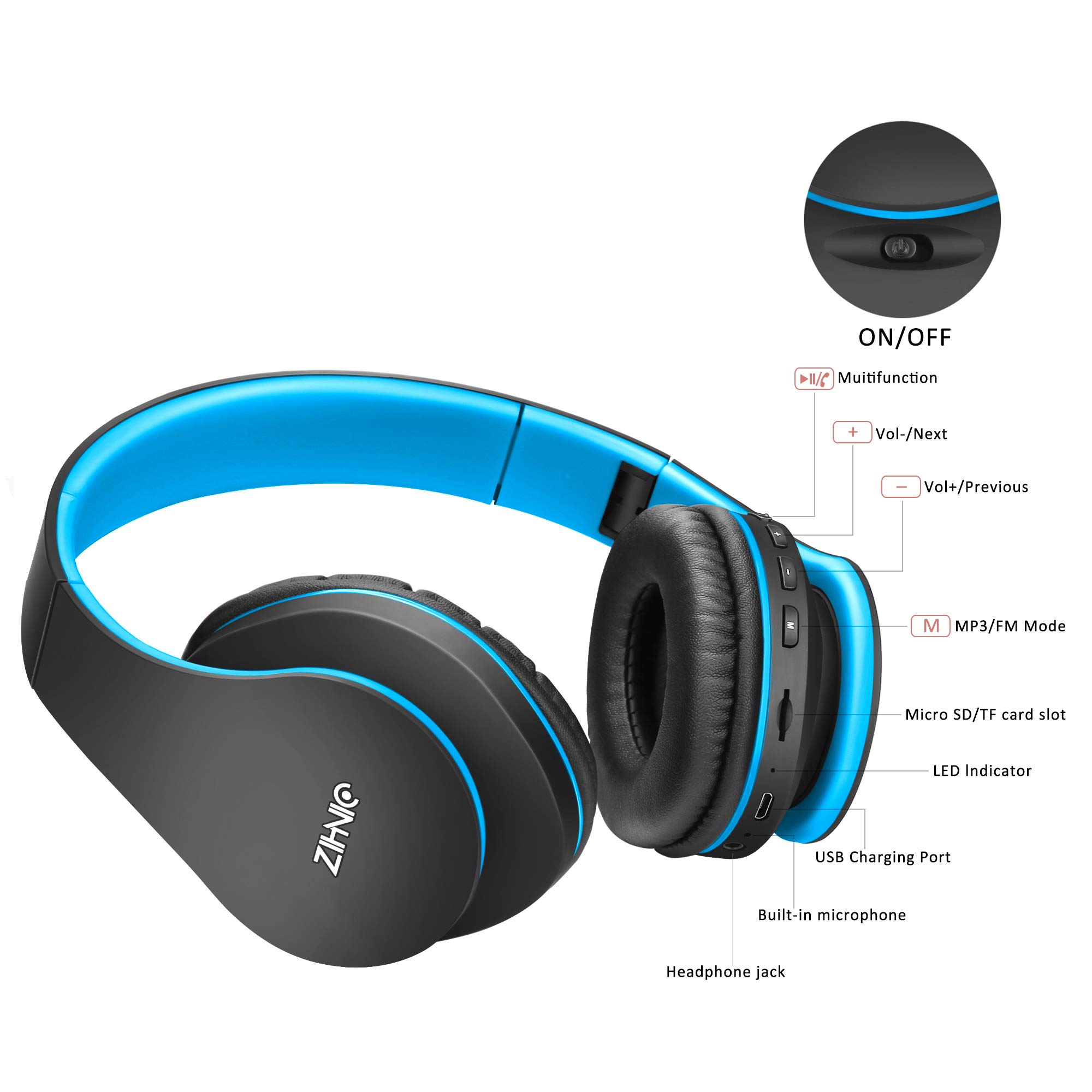 Wireless Over-Ear Headset with Deep Bass, Bluetooth and Wired Stereo Headphones Buit in Mic for Cell Phone, TV, PC,Soft Earmuffs &Light Weight for Prolonged Wearing by Zihnic (Black/Blue)