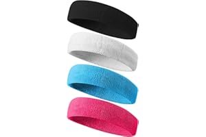 Tanluhu Sweatbands Sport Headbands for Men & Women,4 Pcs Terry Cloth Sweat Band for Tennis, Running, Basketball, Working Out, Execise - Athletic Sweat Cotton Headband Outdoor