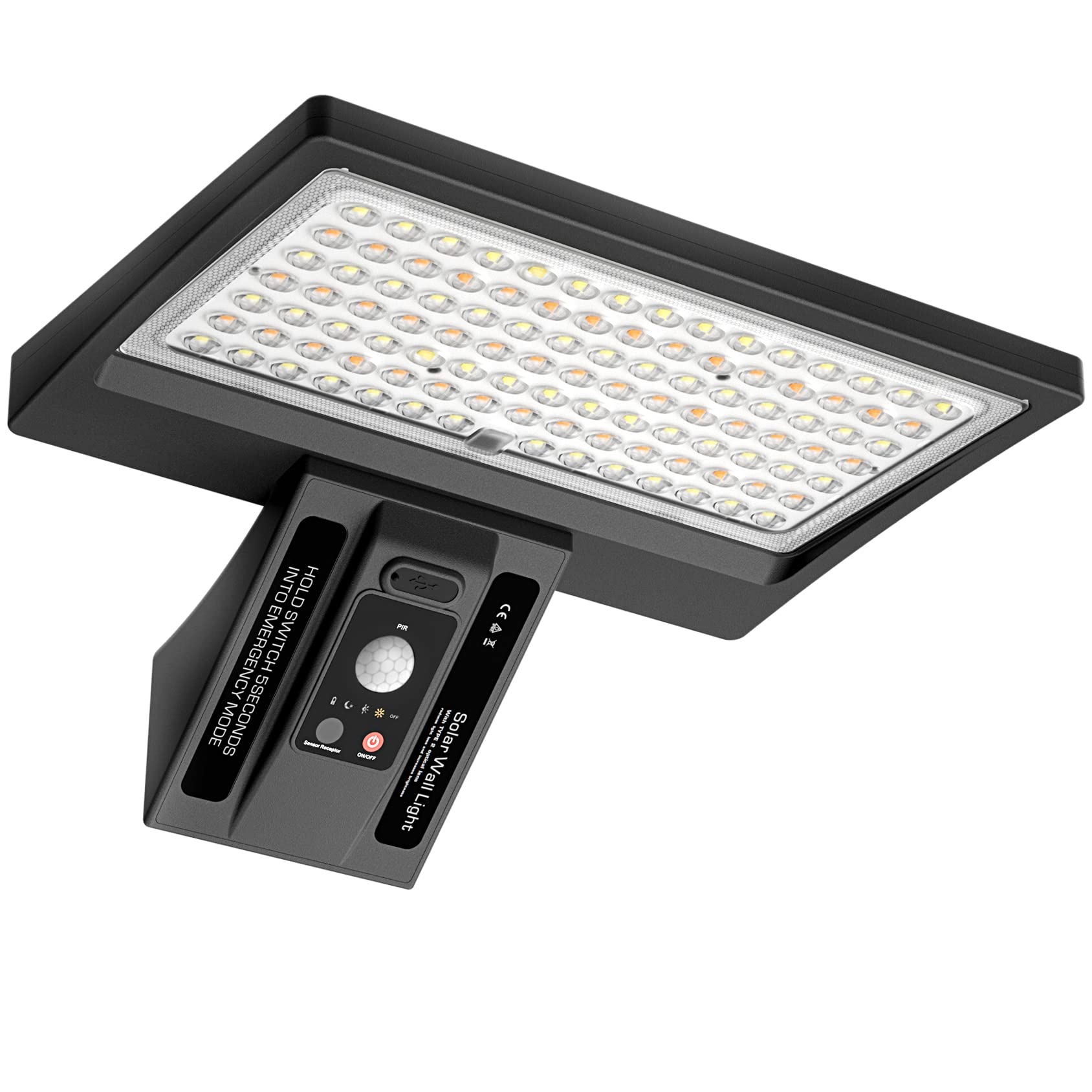 Photo 1 of UCGG Solar Wall Light Outdoor, 1050Lm, Type 2 Optical Lens, 104 LED Dual Color Temperature 3-Mode Lighting Wall Light with Remote Control, IP65 Waterproof, PIR Motion Sensor & USB Charging