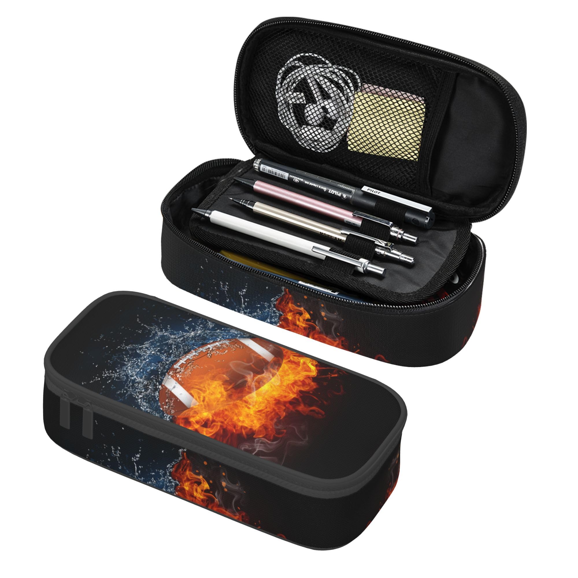 Photo 1 of Kids Pencil Pouch for Boys, Football Pencil Case with Fire Water Pattern Print, Big Capacity Black Pencil Box Stationery Bag with Zipper Portable Travel Storage Box Desk Pen Bag for Teens Adults
