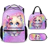 AIOMXZZ School Backpack for Girls, 3Pcs Cat Backpack Set, Kids Bookbag for Kindergarten/Elementary/Preschool, 17" School Bag with Lunch Box Pencil Case