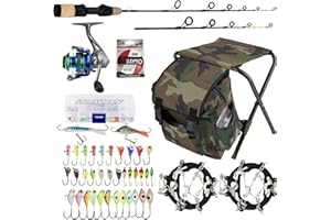 QualyQualy Ice Fishing Rod Reel Combo Complete Set Ice Fishing Gear with Backpack Seat Ice Cleats Ice Fishing Jigs Line Full Ice Fishing Kit 24" 26"