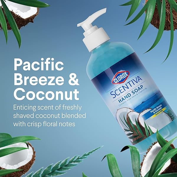 CLOROX SCENTIVA LIQUID HAND SOAP, PACIFIC BREEZE & COCONUT SCENT – BLEACH-FREE SCENTED HAND HAND WASH WITH ALOE VERA & PROVITAMIN B5 FOR KITCHEN OR BATHROOM, 14 FL OZ – 2 PACK