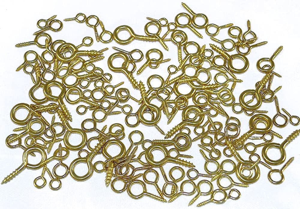 Merriway BH06552 (160 Pcs) EB Brass Plated Workshop Assortment of Picture Frame Screw Eyes - Pack of 160 Pieces