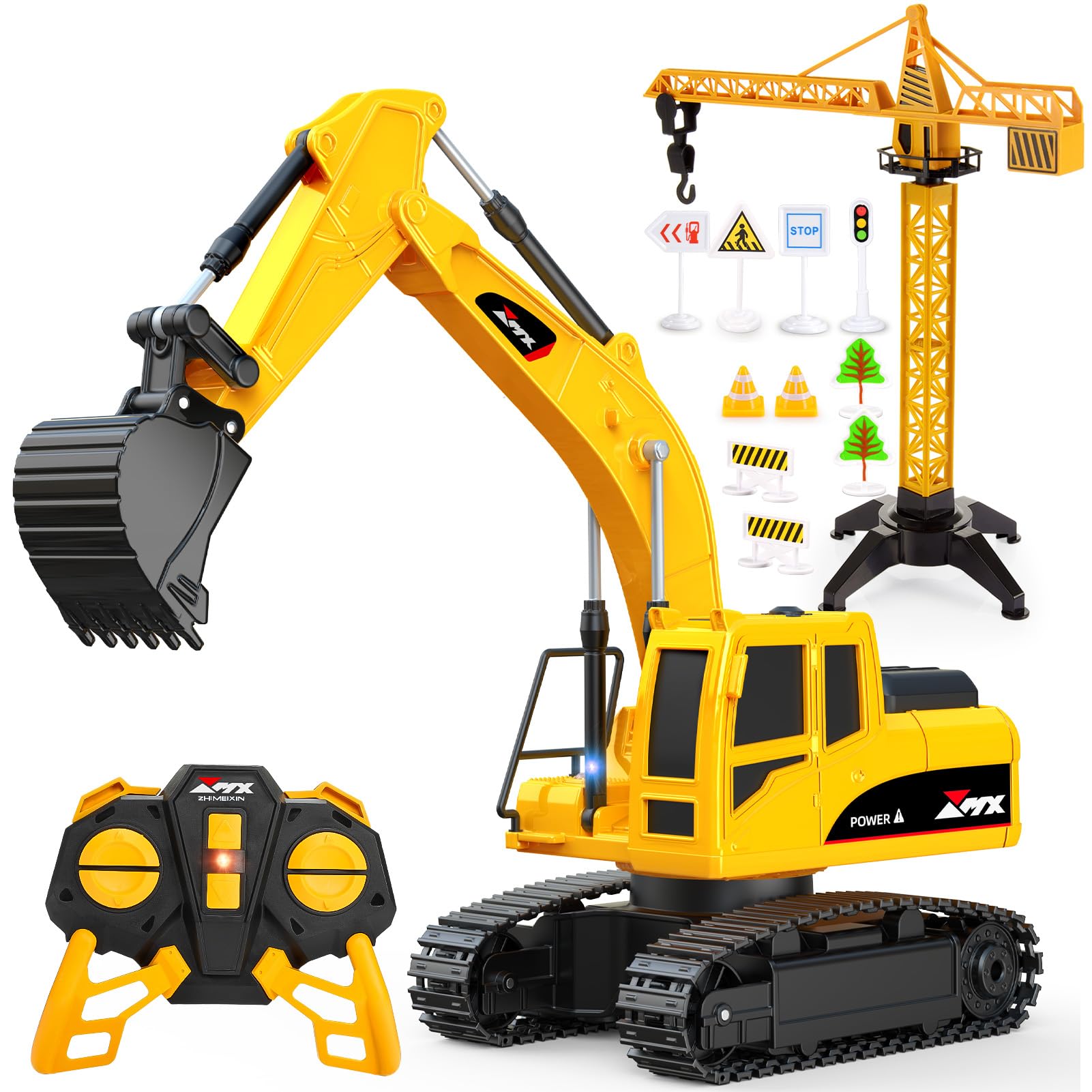 HappyGoLucky Remote Control Digger Toys for 3-12 Year Old Boys Gifts, Kids Boys Toys age 3-8, 2.4Ghz RC Excavator Construction Toy Car with Road Barrier Accessory Lights Truck