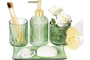KUKIKAN Designer Green Glass Bathroom Accessories Sets - 4 Pcs with Lotion Soap Dispenser, Bathroom Toothbrush Holder, Vanity Tray, and Apothecary Jar, Vintage Bathroom Decor, Gift Countertop Organizer