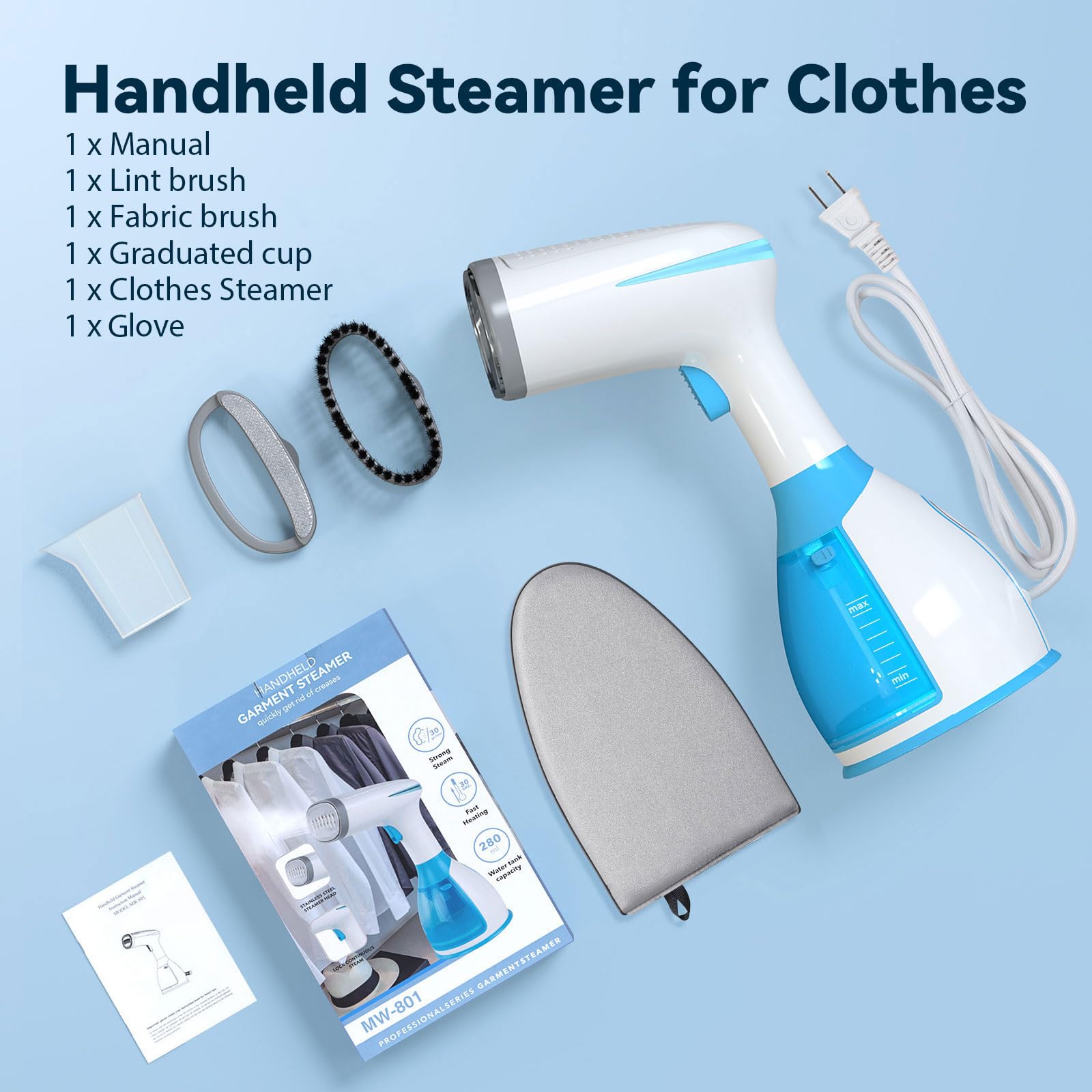 Steamer for Clothes Steamer, 15s Fast Heat-up Garment Steamer with Ironing Glove, 280ml Large Water Tank, Strong Penetrating Steam Handheld Steamer, Garment Fabric Wrinkles Remover Wet & Dry Ironing