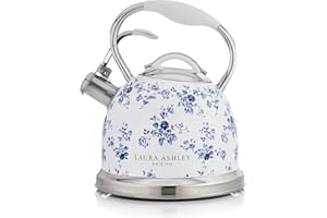 VQ Laura Ashley China Rose 2.5L Stainless Steel Tea Kettle Stovetop Whistling Teapot for Induction, Gas Hob or others. Silicon Coated Cool Handle & Push Button Mechanism Vintage Stove Top Kettle