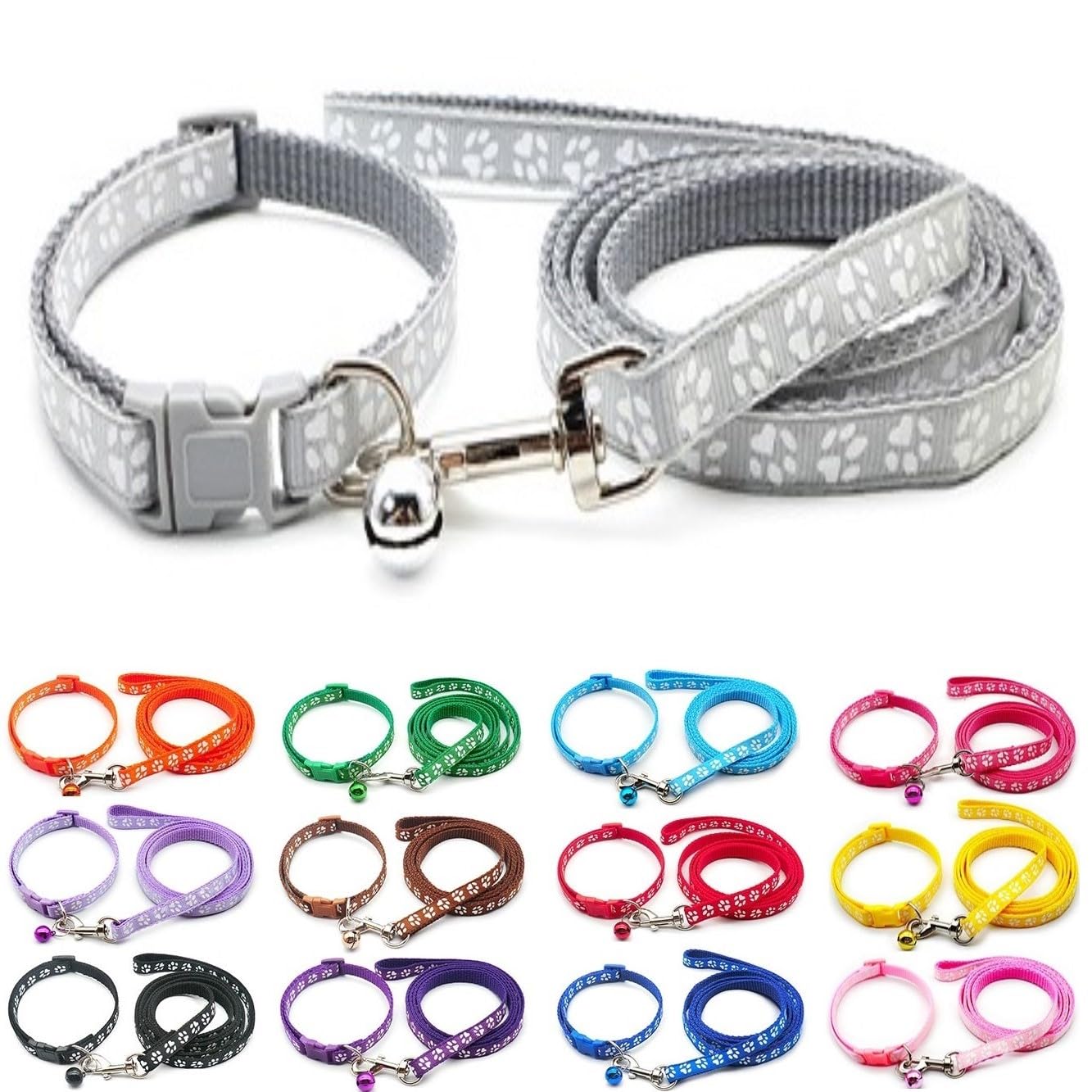 Small Dog Puppy Pet Collar and Lead Set Pawprint Design Nylon Adjustable Size 19-32cm Collar with Bell and 120cm Leash Silver Light Grey
