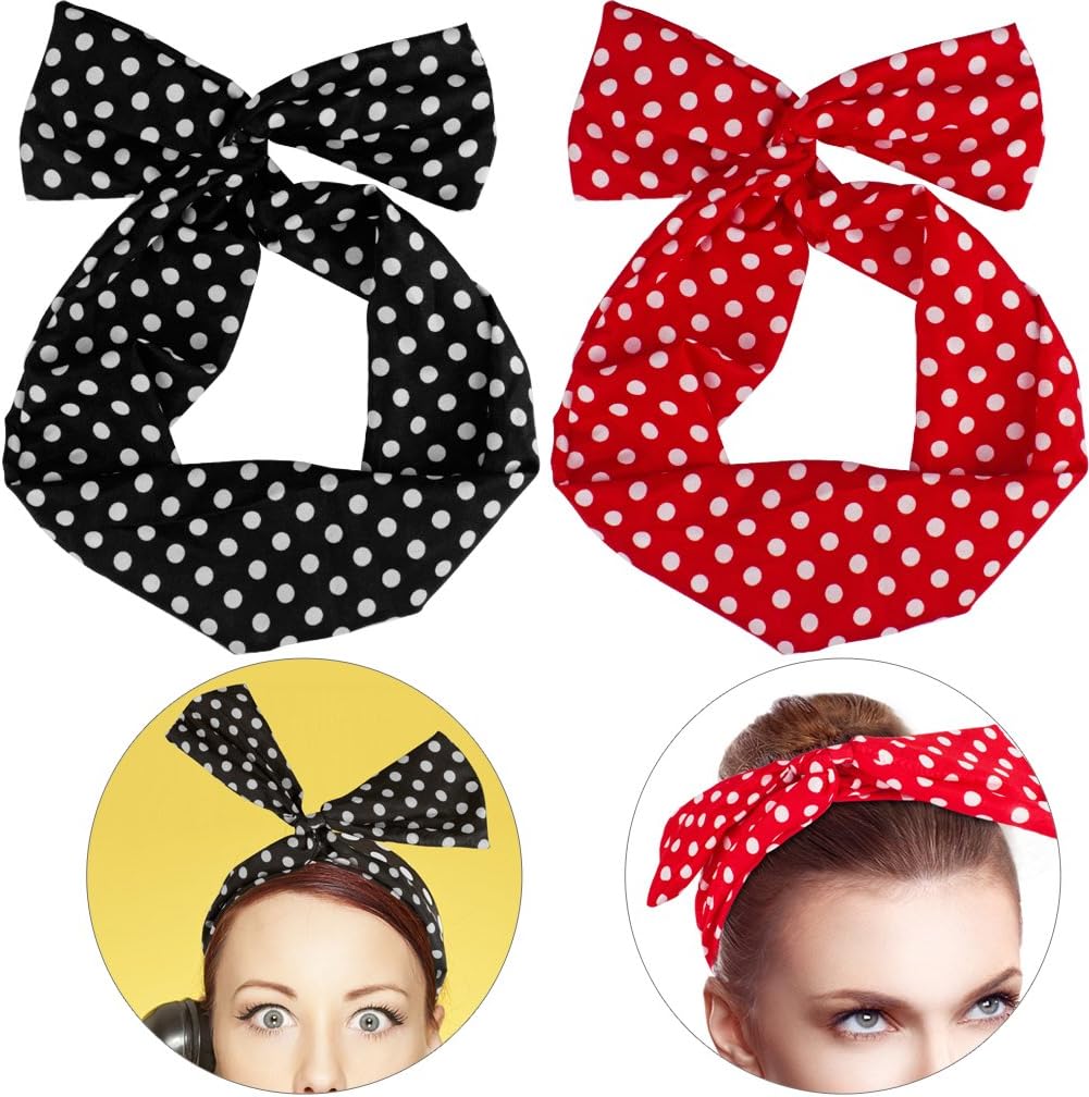 SuPoo Twist Bow Wired Headband, Sweet Retro Bowknot Polka Dot Wire Head Bows Headband Hair Holder for Women Young Ladies, Black and Red, 2 Pack