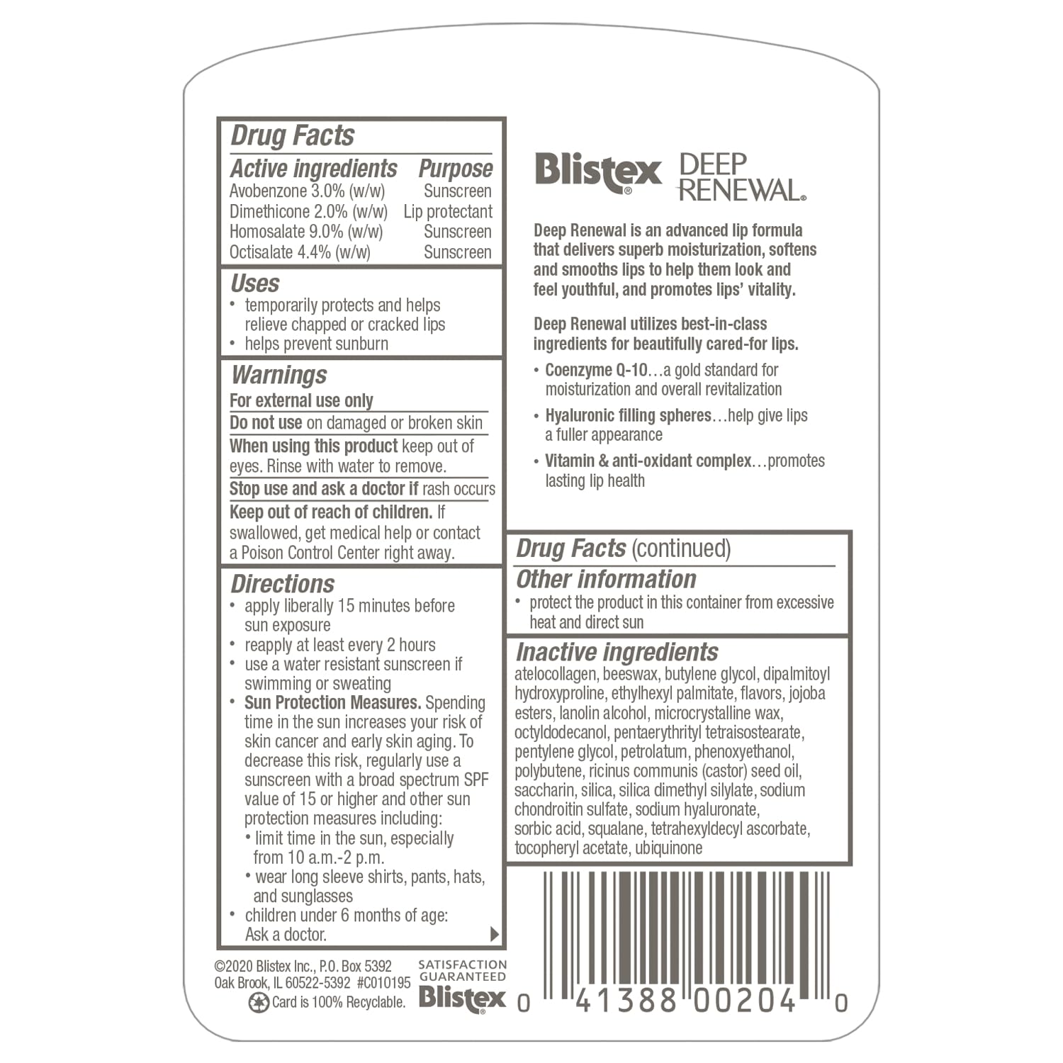 Blistex Deep Renewal Lip Protectant Sunscreen Balm, 0.13 Ounces (3.69g) (Pack of 4)