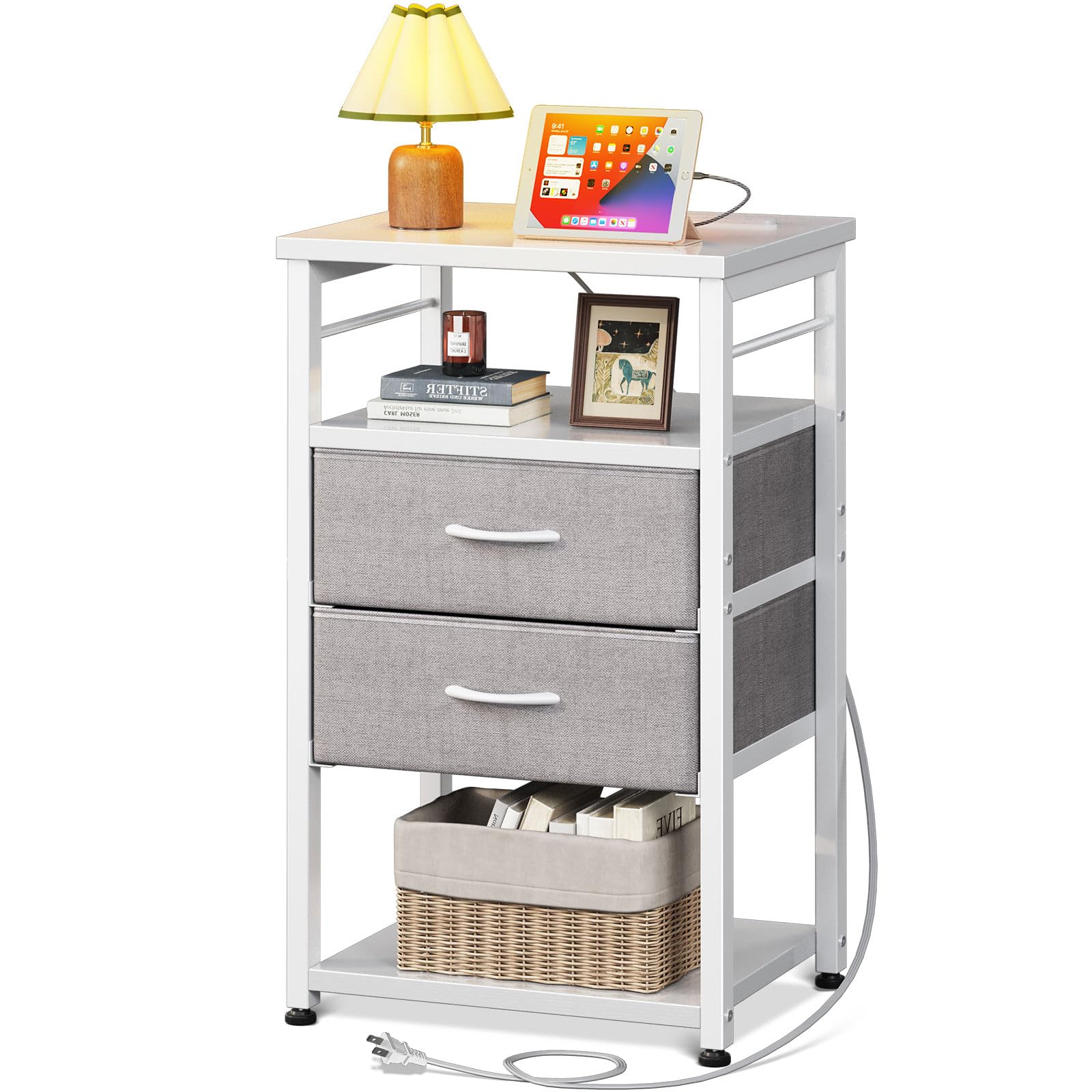 KKL サイドテーブル ナイトテーブル ベッドサイドテーブル コンセント付き 40×30×70cm 引き出し付き 収納付き ベッド横 ホワイト の商品画像