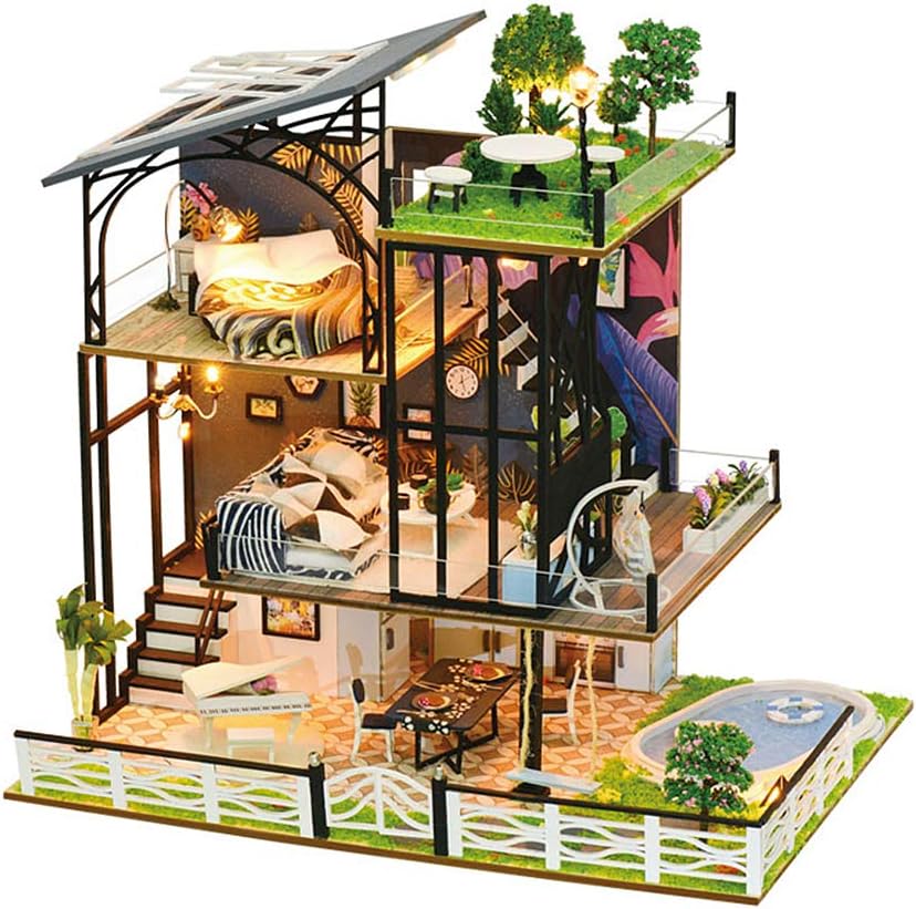 Sugeryy DIY Miniature Dollhouse Kit Dust Proof Cover Wooden DIY Dollhouse Kit Plus Furnitures Led Light