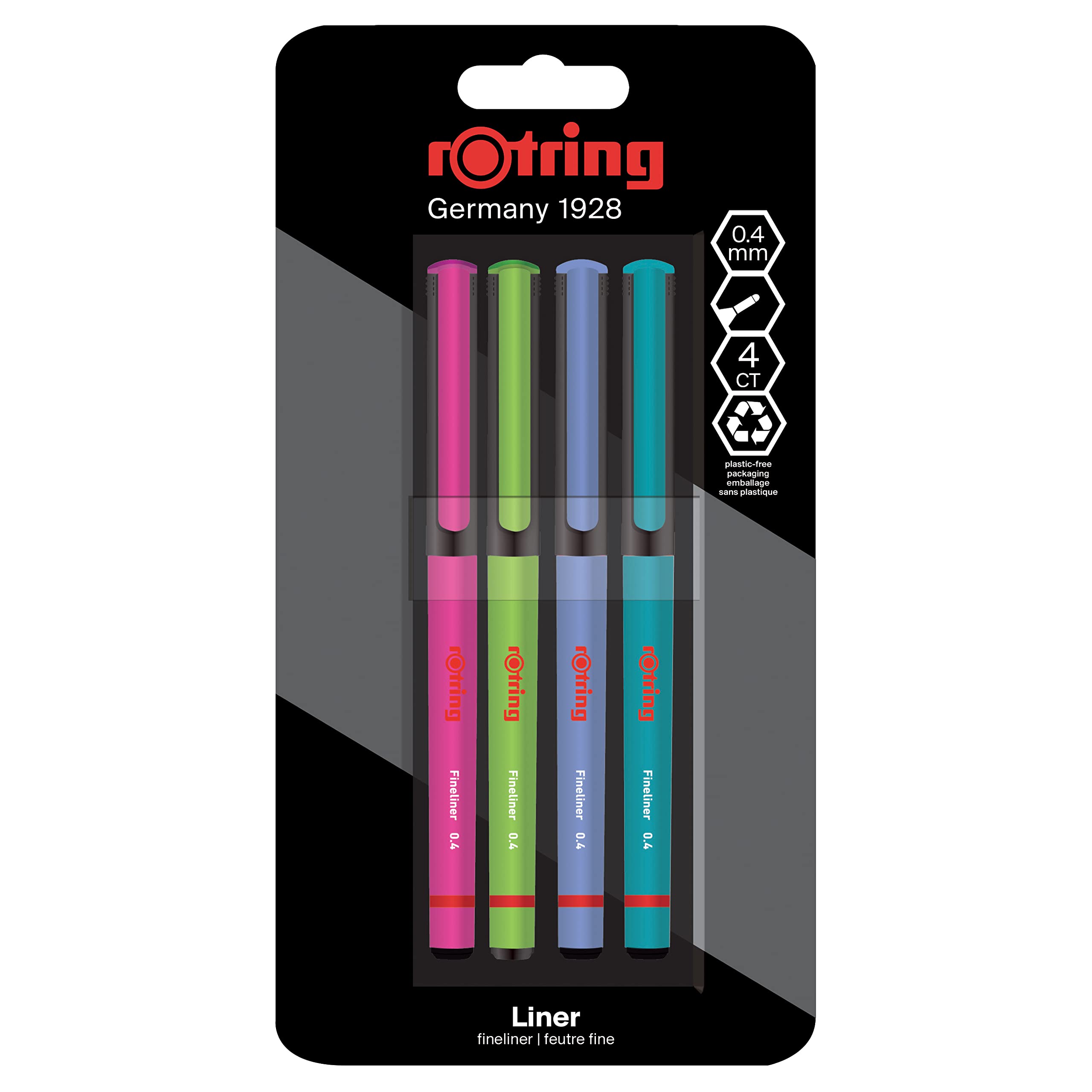 rOtring Liner Fineliner Pens | 0.4 mm | Colouring Pens for Writing & Drawing | Plastic-Free Packaging | Assorted Fun Colours | 4 Count