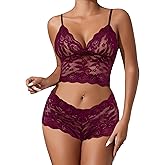 Foxiny Sexy High Waist Floral Lace Mesh Sheer Pajamas Lingerie Lounge Set 2 Piece