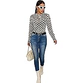 AZPSRT Women's Checkered Print Mesh Shirt Sexy See Through Sheer Mesh Crop Top Tee Checkerboard T Shirts