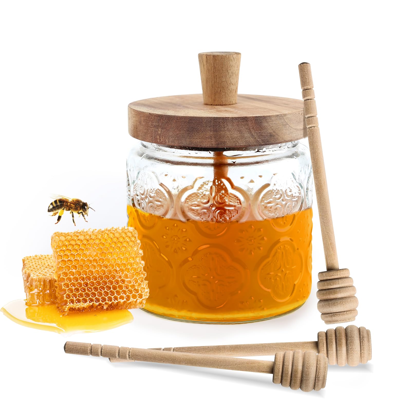 Photo 1 of 17oz Honey Jar with 3 Wooden Dippers,Pot Container Dispenser,Clear Glass Honey Container for Home Kitchen,Store Honey and Syrup,Easy to Clean