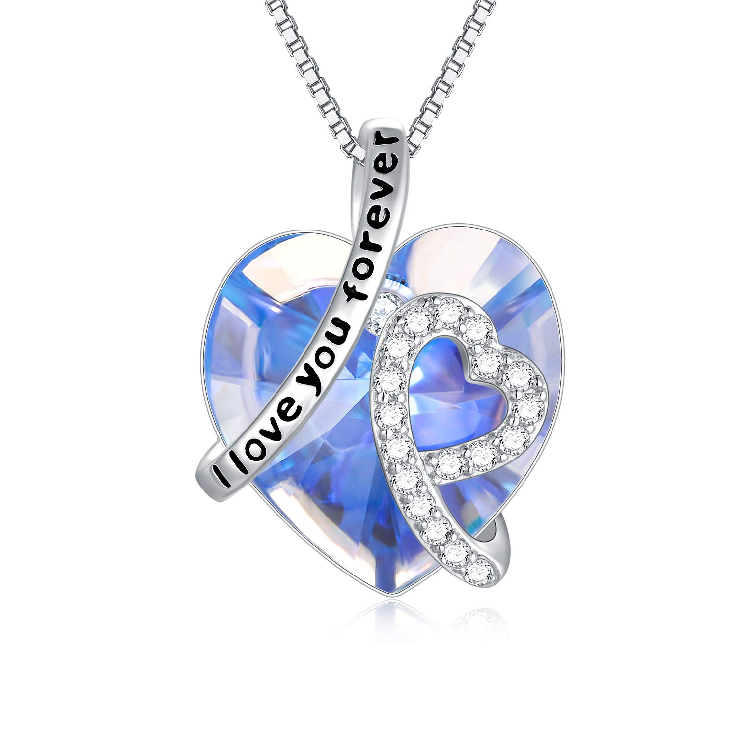 Sterling Silver I Love You Forever Heart Pendant Necklace with Birthstone Crystals, Birthday Wedding Anniversary Jewellery Gifts for Her Women Wife Mum Girlfriend (Simulated Blue Topaz)