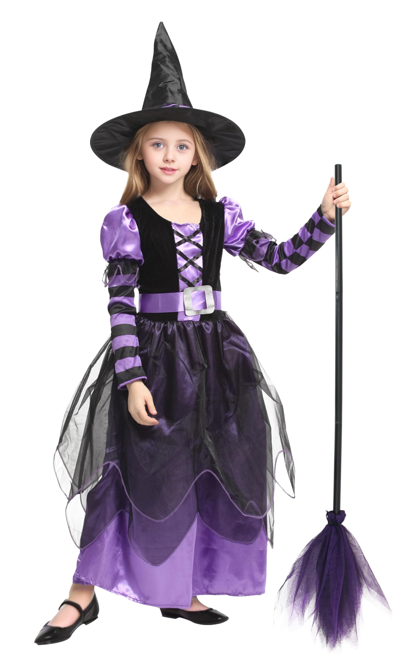 EOZY Kids Witch Halloween Costume Girls Witches Dress Cosplay Witch Outfit with Magic Broom for Carnival Parties